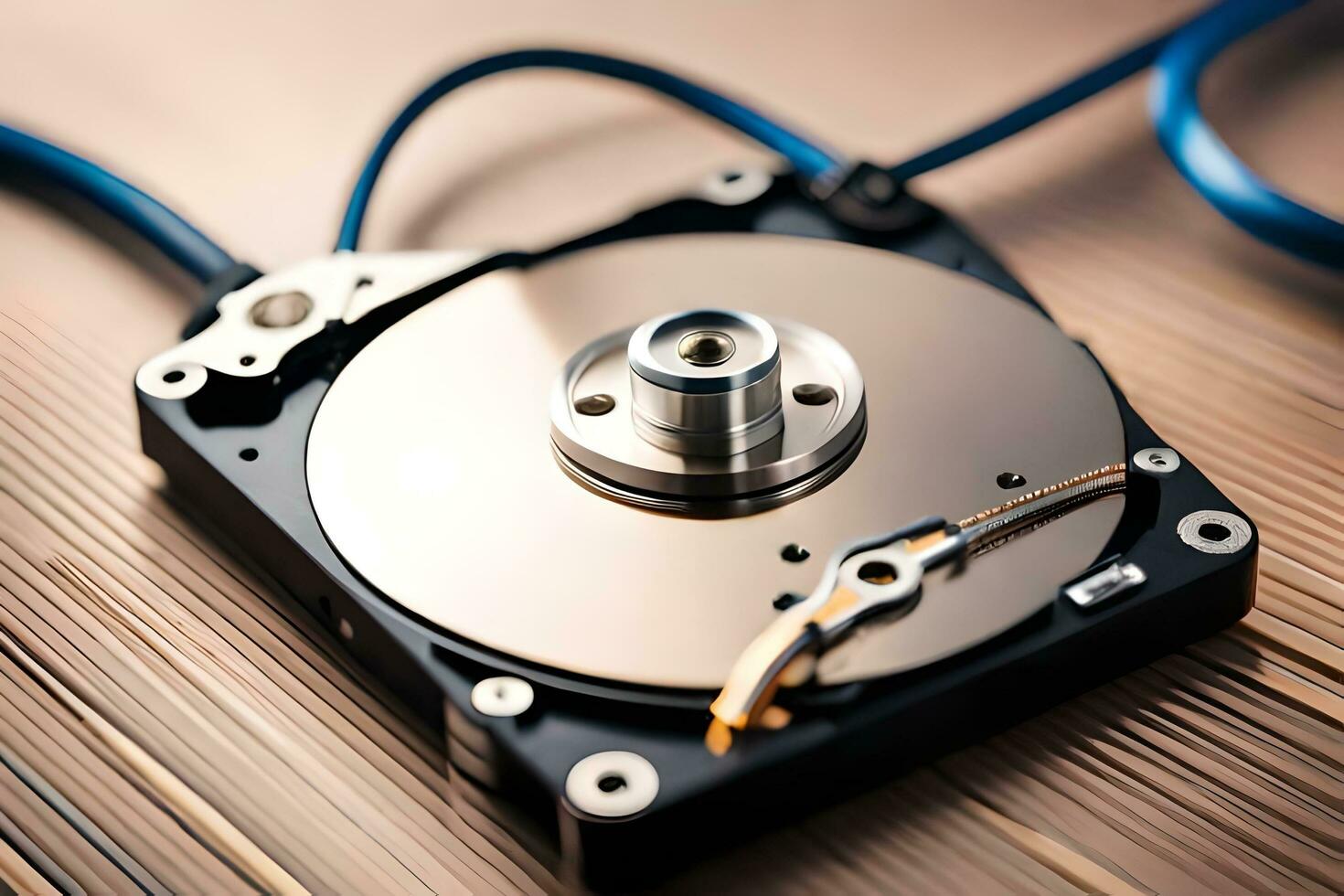 a hard drive with a blue cord attached to it. AI-Generated photo