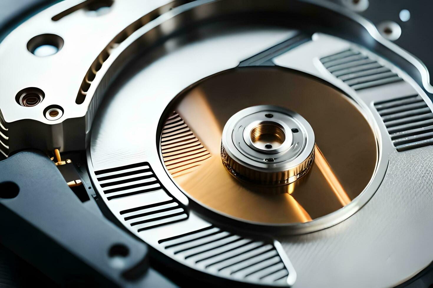 a close up of a hard drive with a gold disk. AI-Generated photo