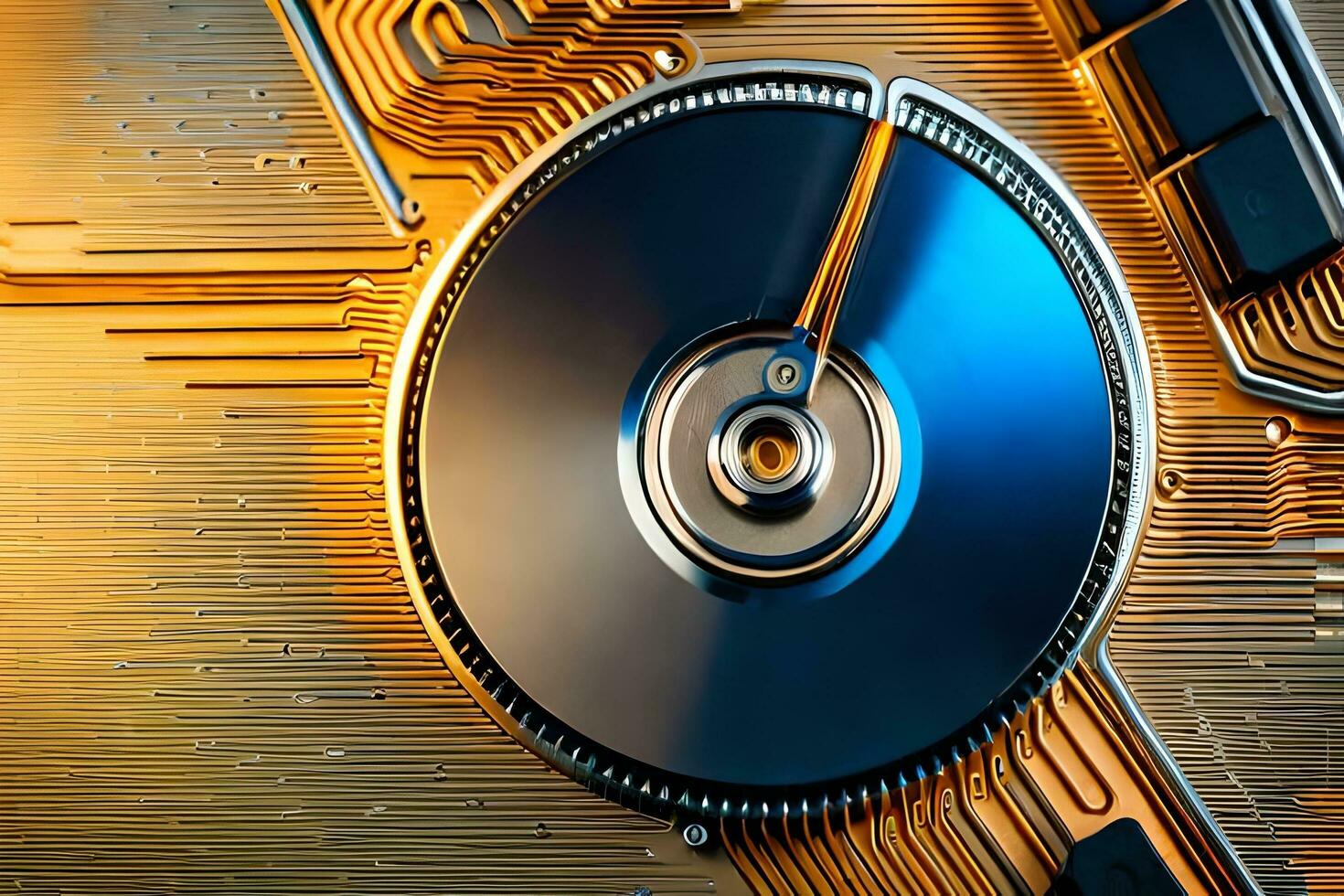 a computer disk with a blue and gold circuit board. AI-Generated photo