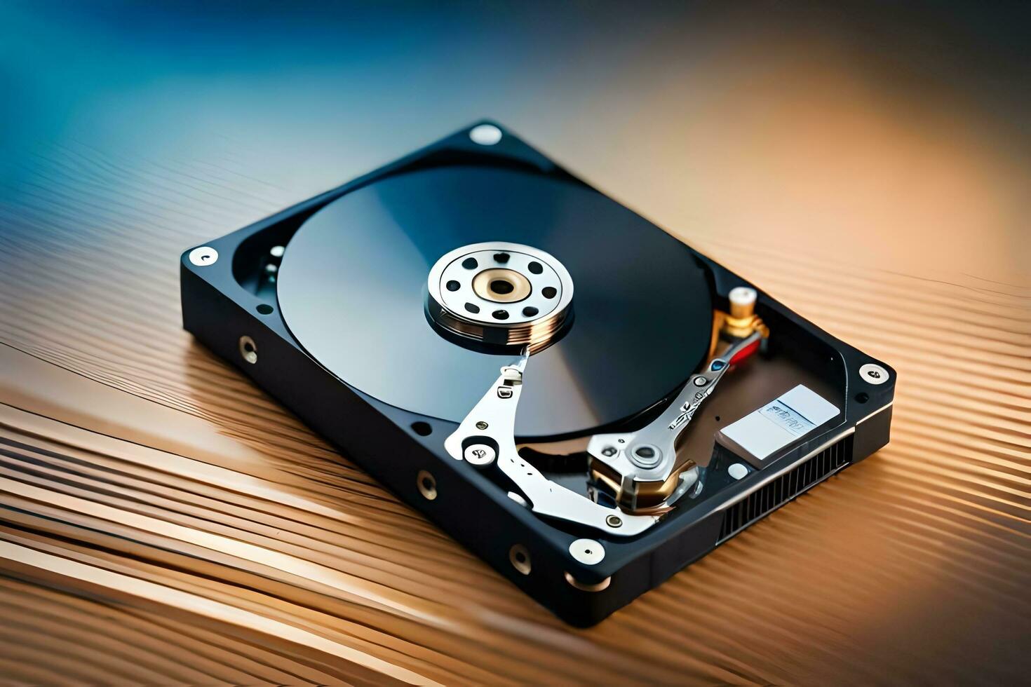 a hard drive on a wooden surface. AI-Generated photo