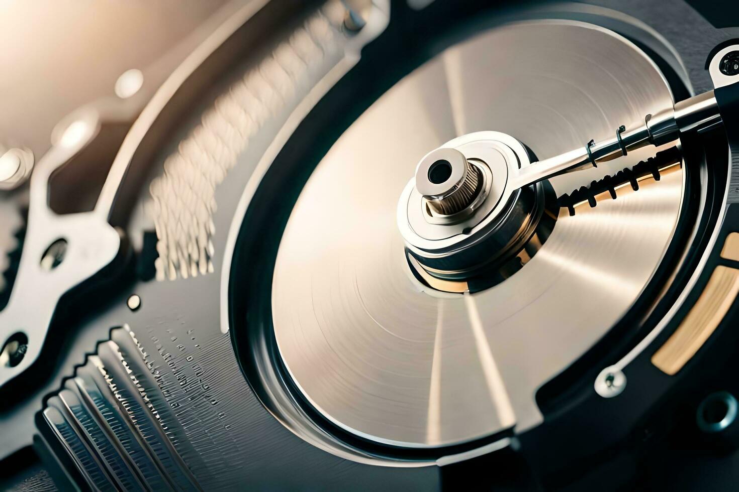 a close up of a hard drive with a disk. AI-Generated photo