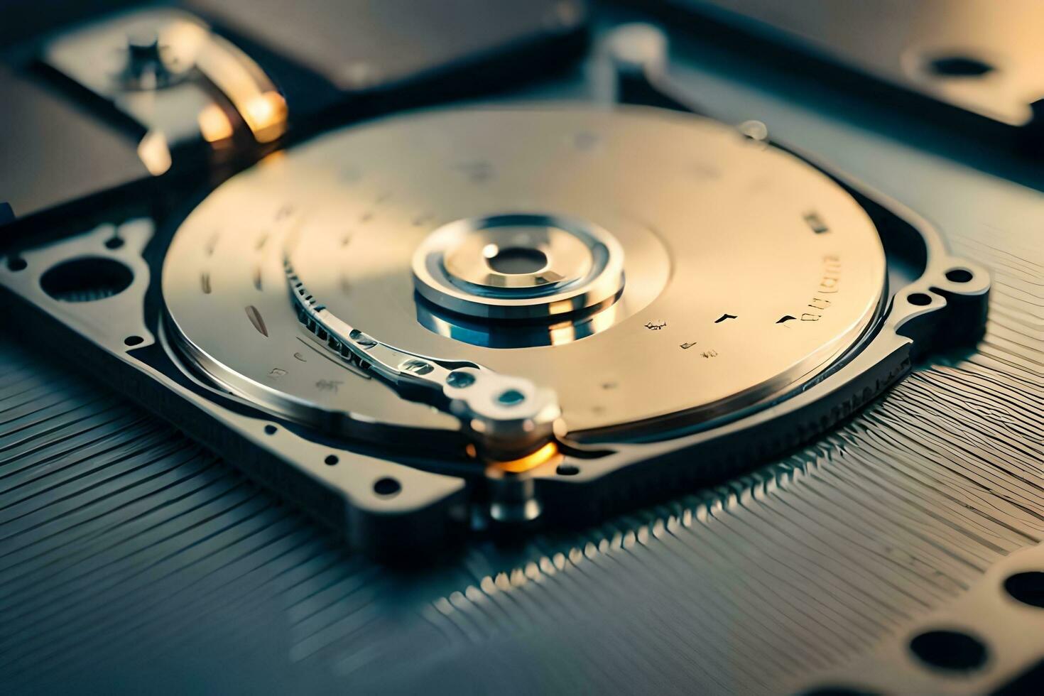 a hard disk is shown on top of a metal case. AI-Generated photo