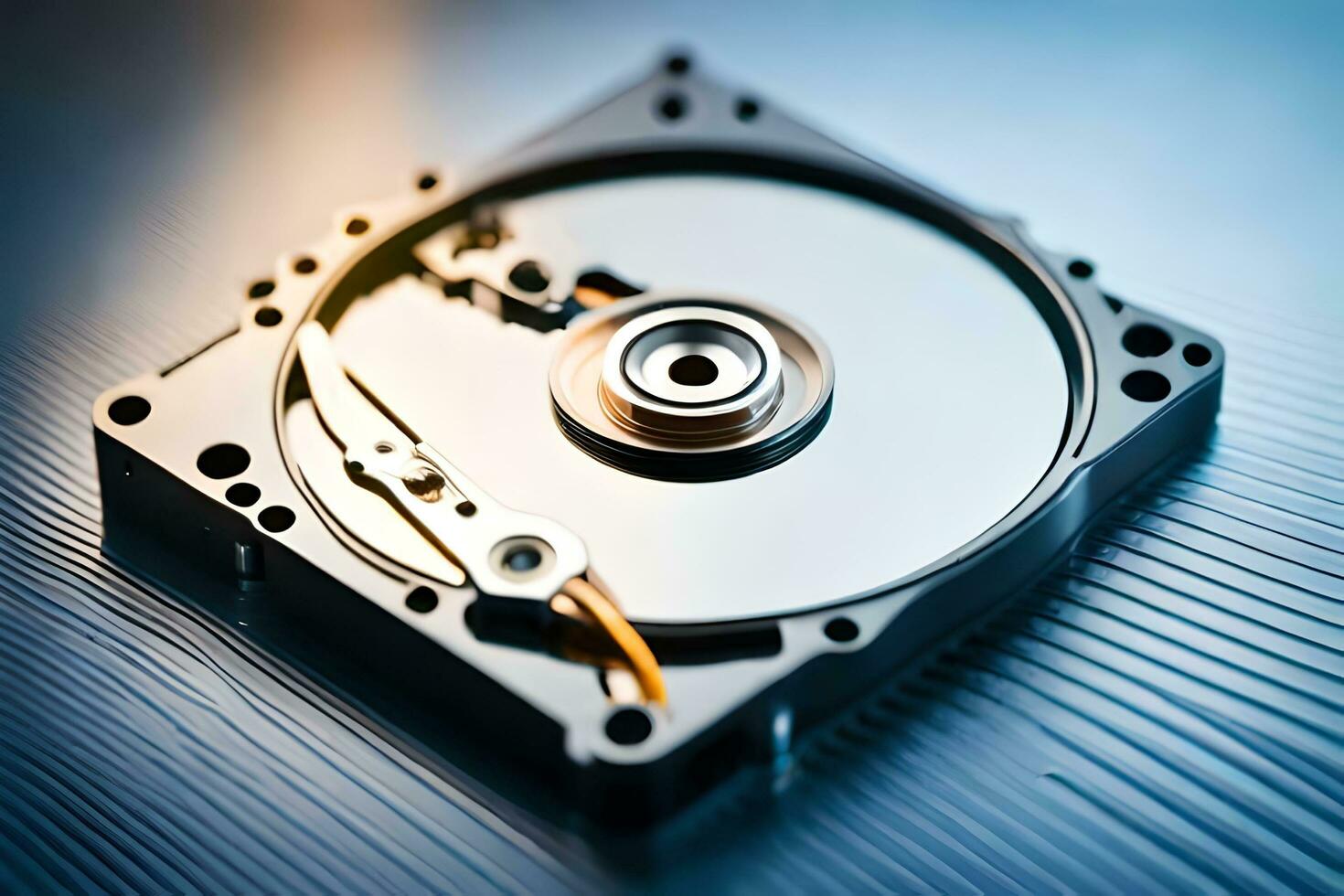 a hard drive on a table with a blue background. AI-Generated photo