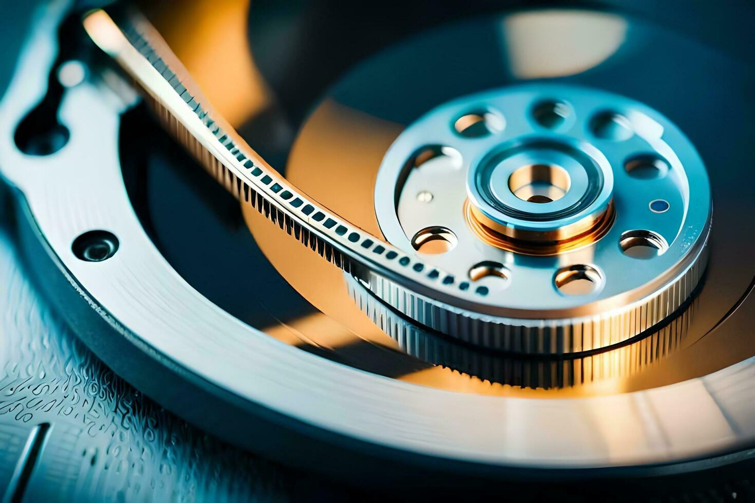 a close up of a hard drive with a metal disk. AI-Generated photo