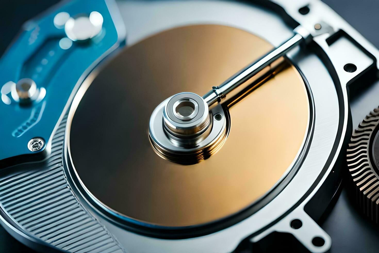 a disk drive with a metal disk and gears. AI-Generated photo
