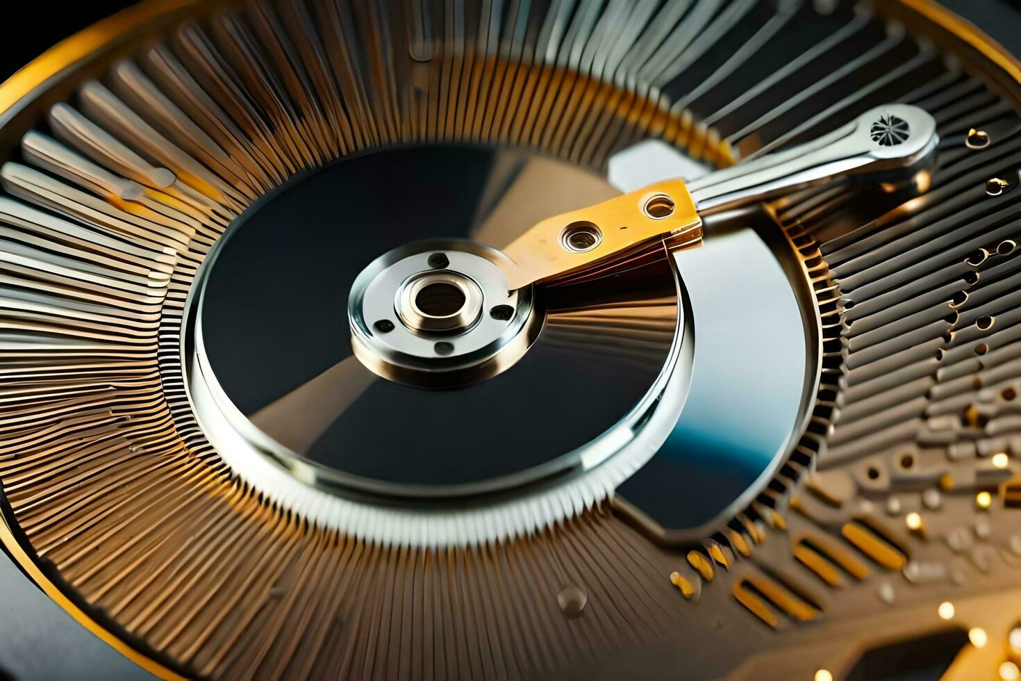 a close up of a disk with a gold handle. AI-Generated photo