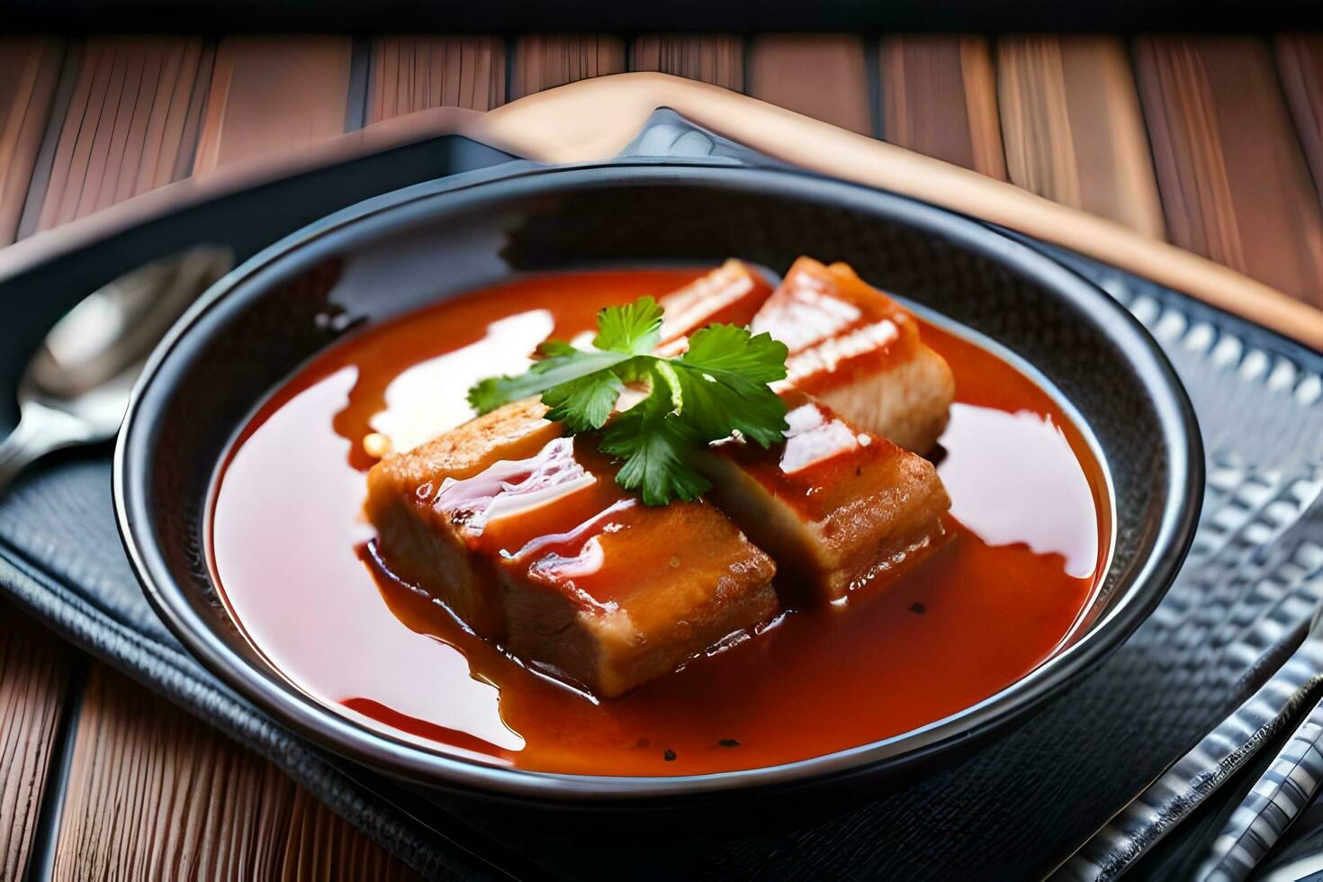 a bowl of soup with meat and sauce. AI-Generated photo