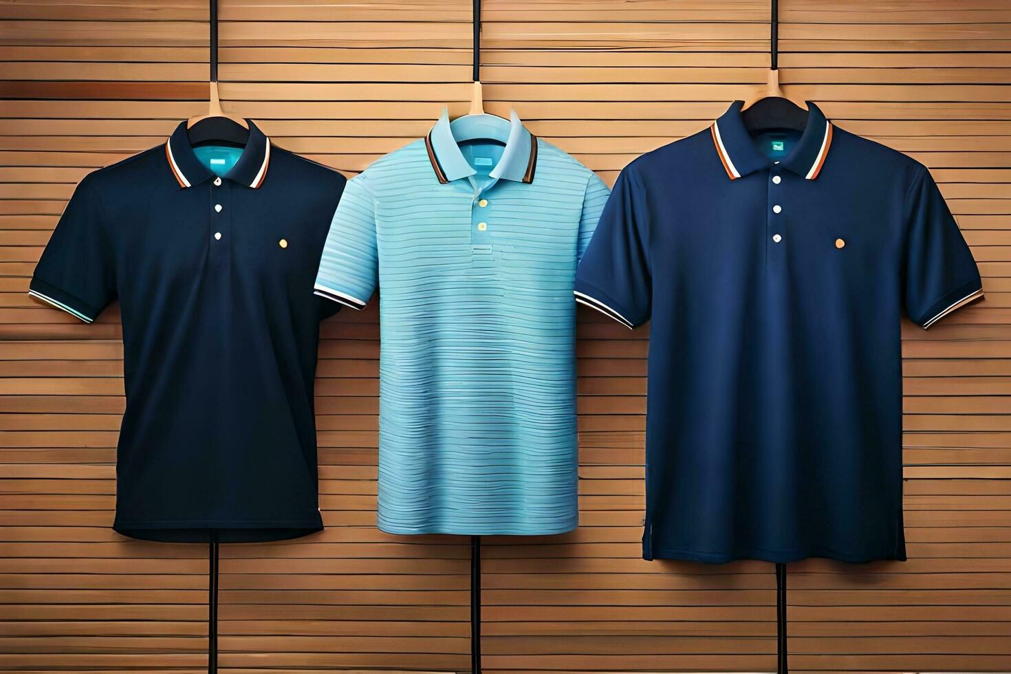 three men's polo shirts hanging on a wooden wall. AI-Generated photo