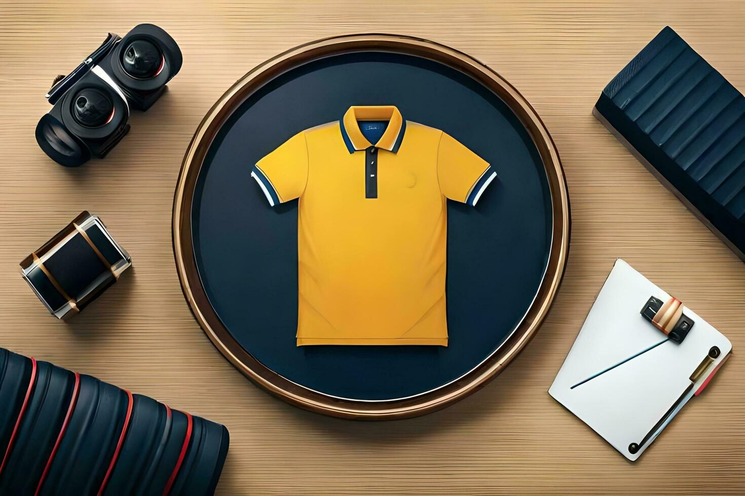 un amarillo polo camisa es sentado en un mesa con otro elementos. generado por ai foto