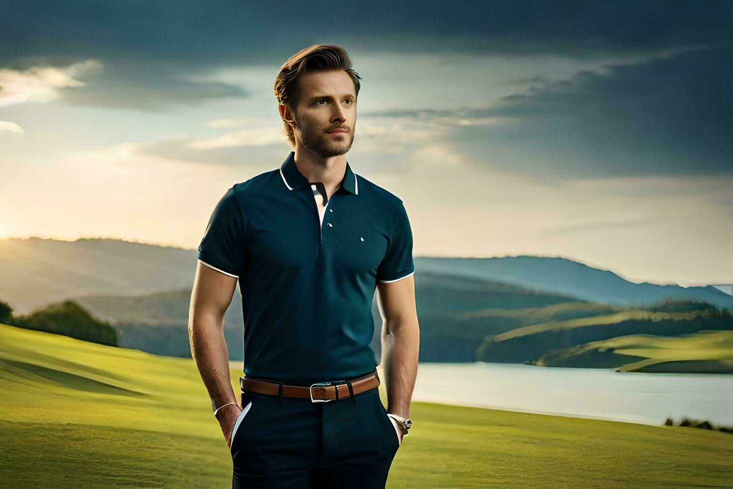 a man in a blue polo shirt standing on a green field. AI-Generated photo