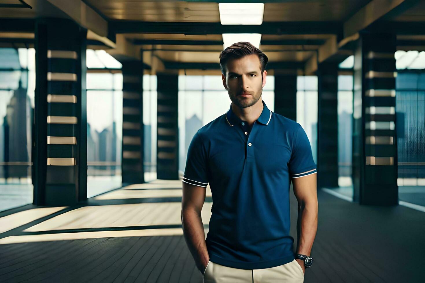 a man in a blue polo shirt standing in an empty room. AI-Generated photo