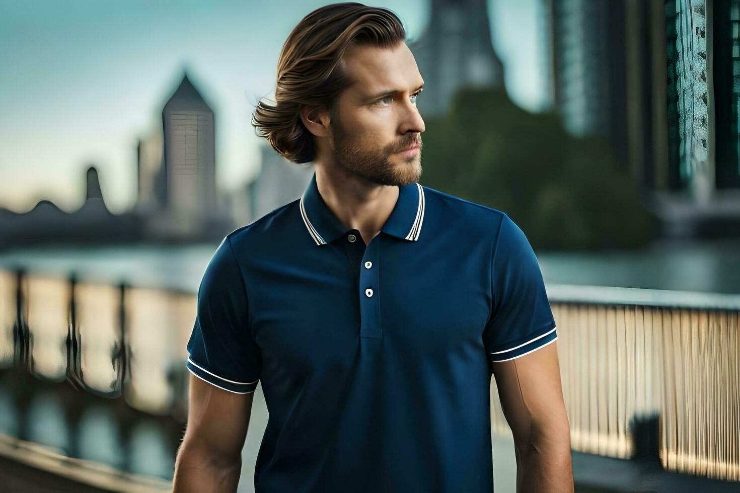 a man in a blue polo shirt standing on a bridge. AI-Generated photo