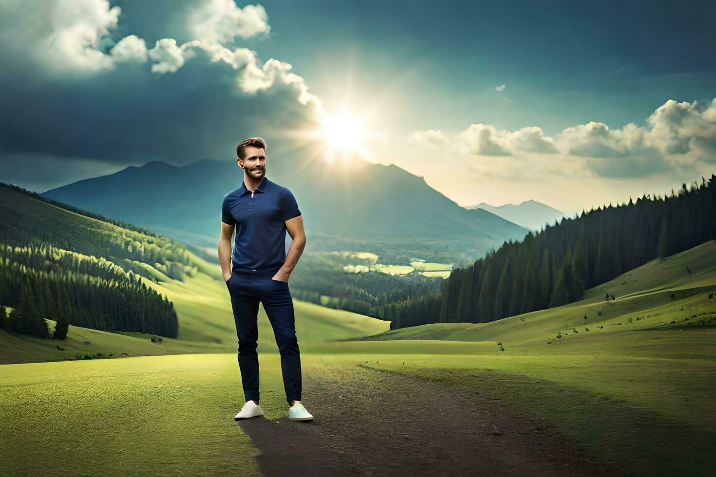 a man standing in a field with mountains in the background. AI-Generated photo