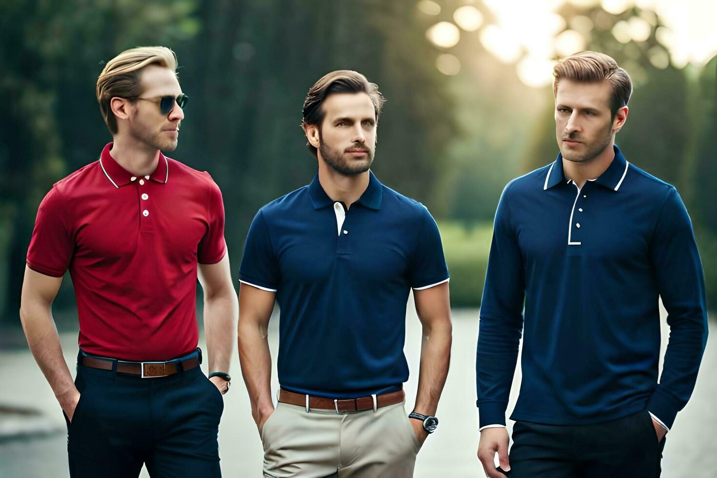 three men wearing polo shirts and sunglasses. AI-Generated photo