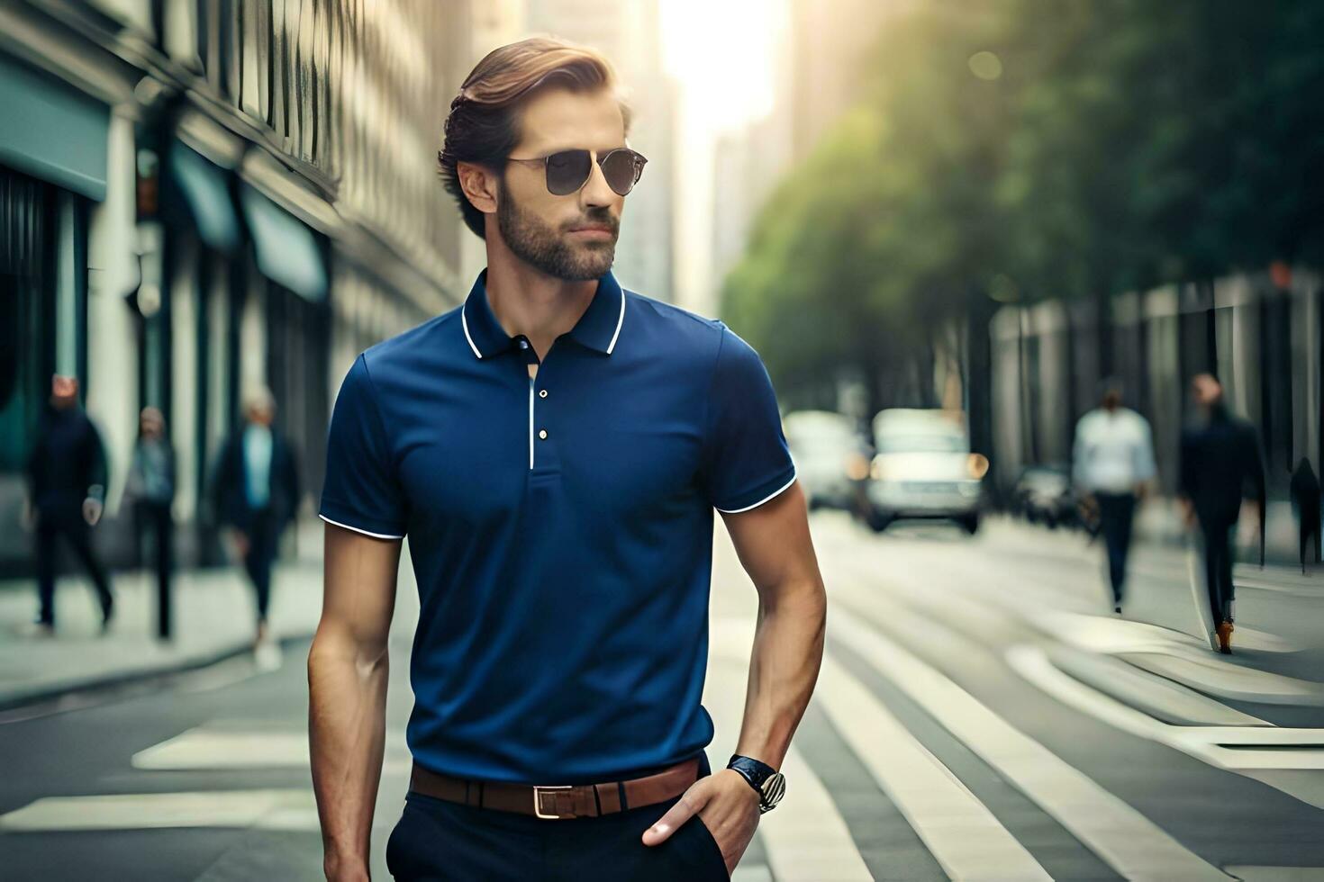 a man in a blue polo shirt and sunglasses. AI-Generated photo