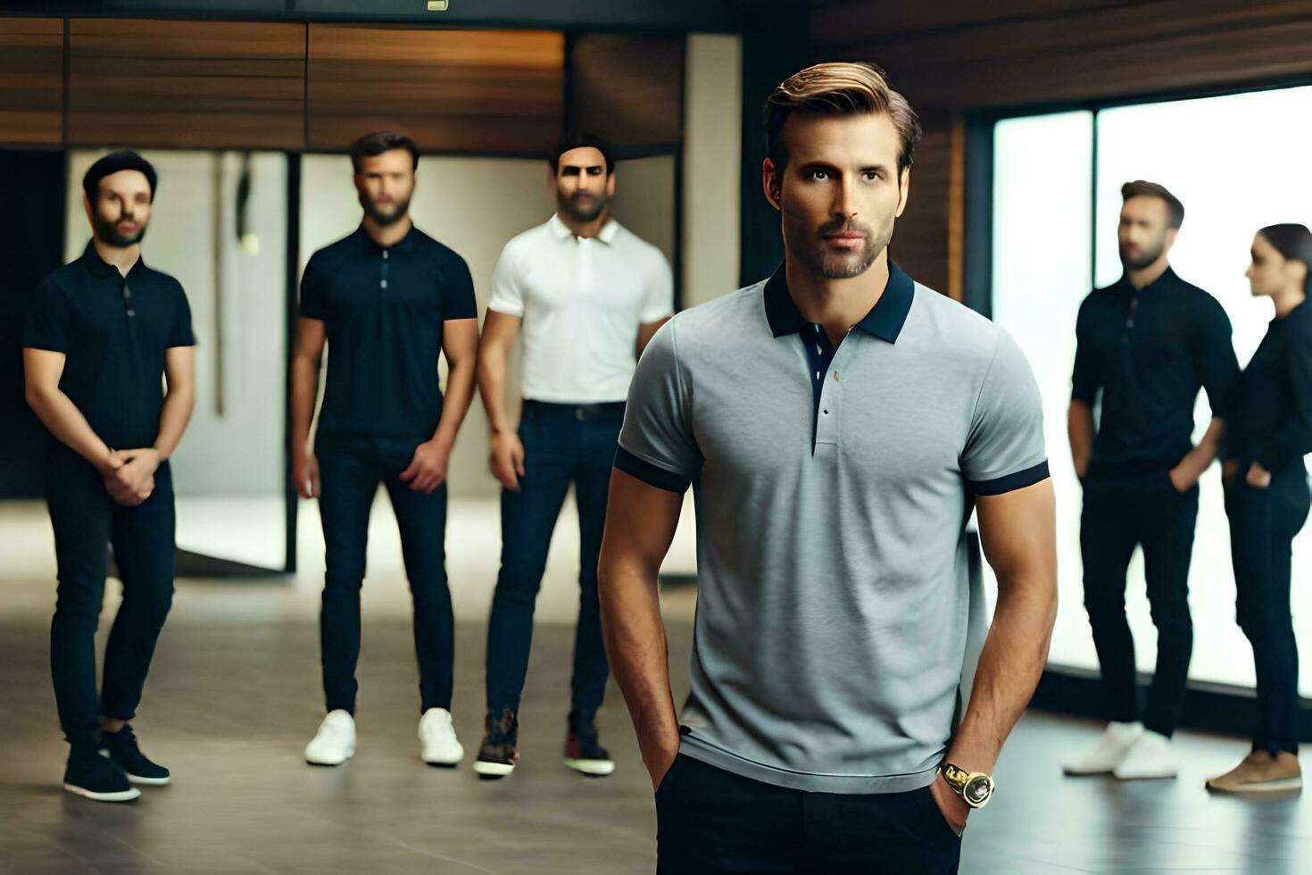 a man standing in front of a group of men. AI-Generated photo