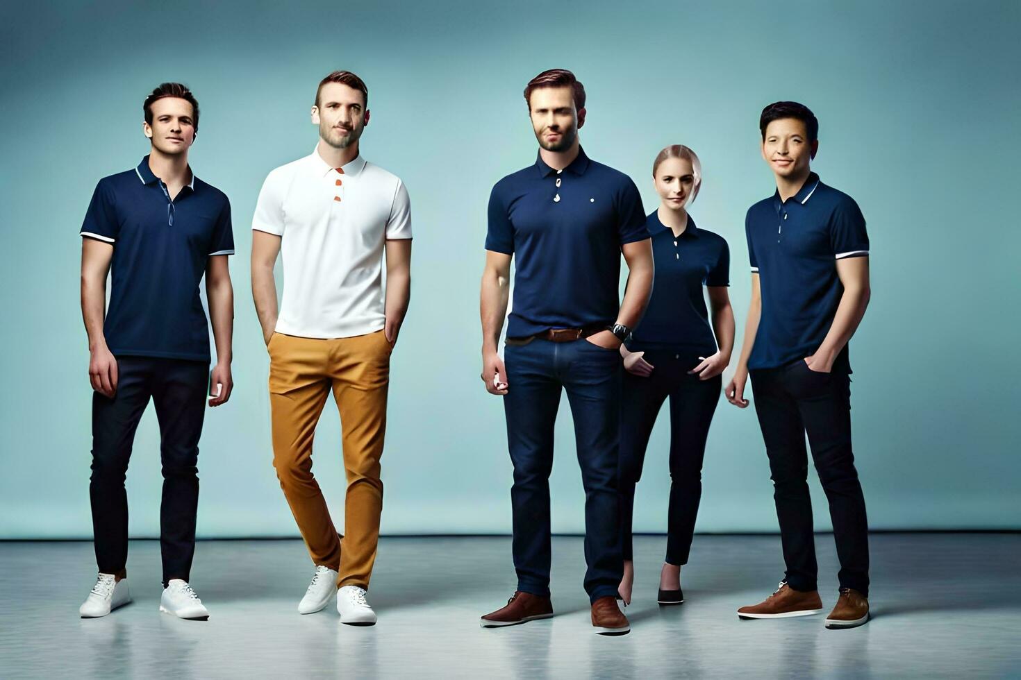 un grupo de hombres y mujer vistiendo polo camisas generado por ai foto