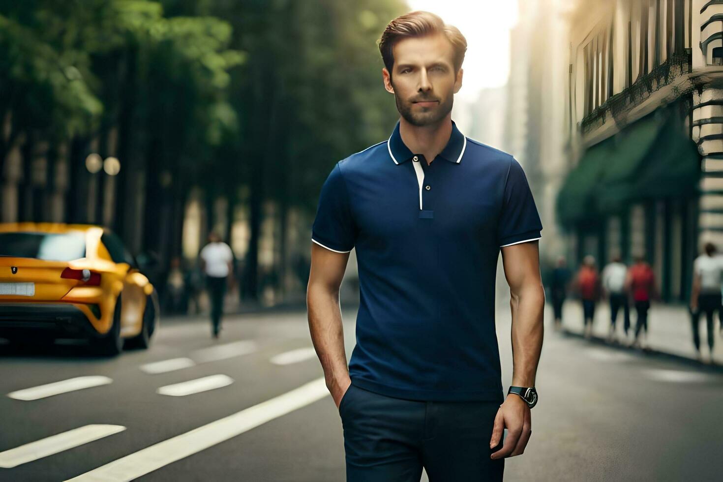 a man in a blue polo shirt standing on a city street. AI-Generated photo