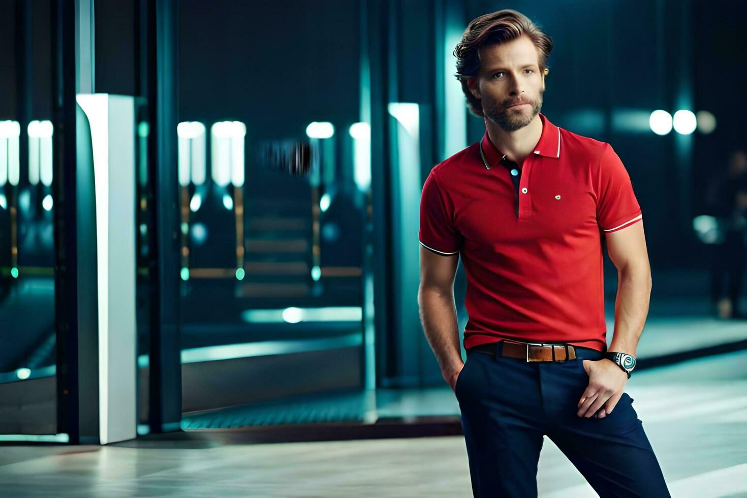 a man in a red polo shirt and blue pants. AI-Generated photo