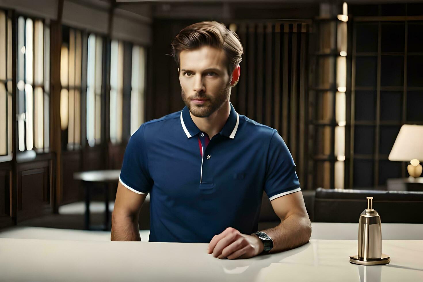 a man in a blue polo shirt sitting at a table. AI-Generated photo