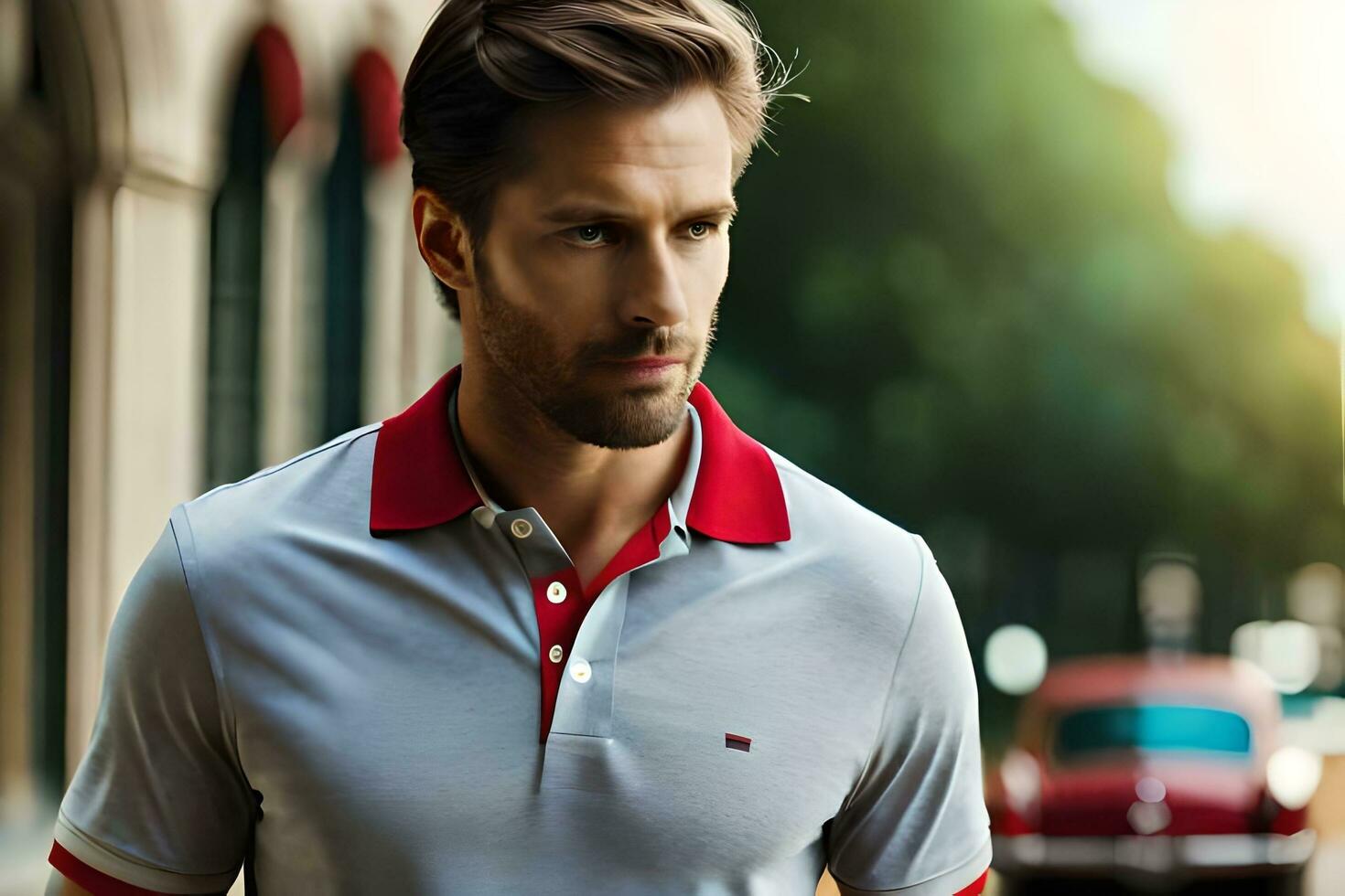 a man in a red and white polo shirt. AI-Generated photo