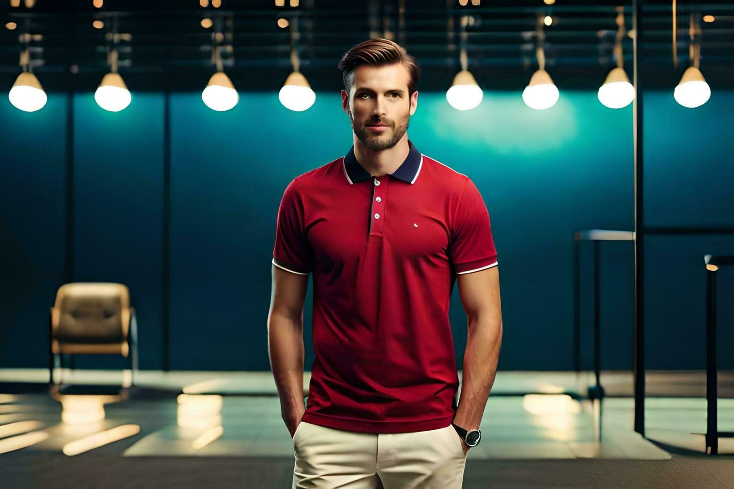 a man in a red polo shirt standing in a room. AI-Generated photo