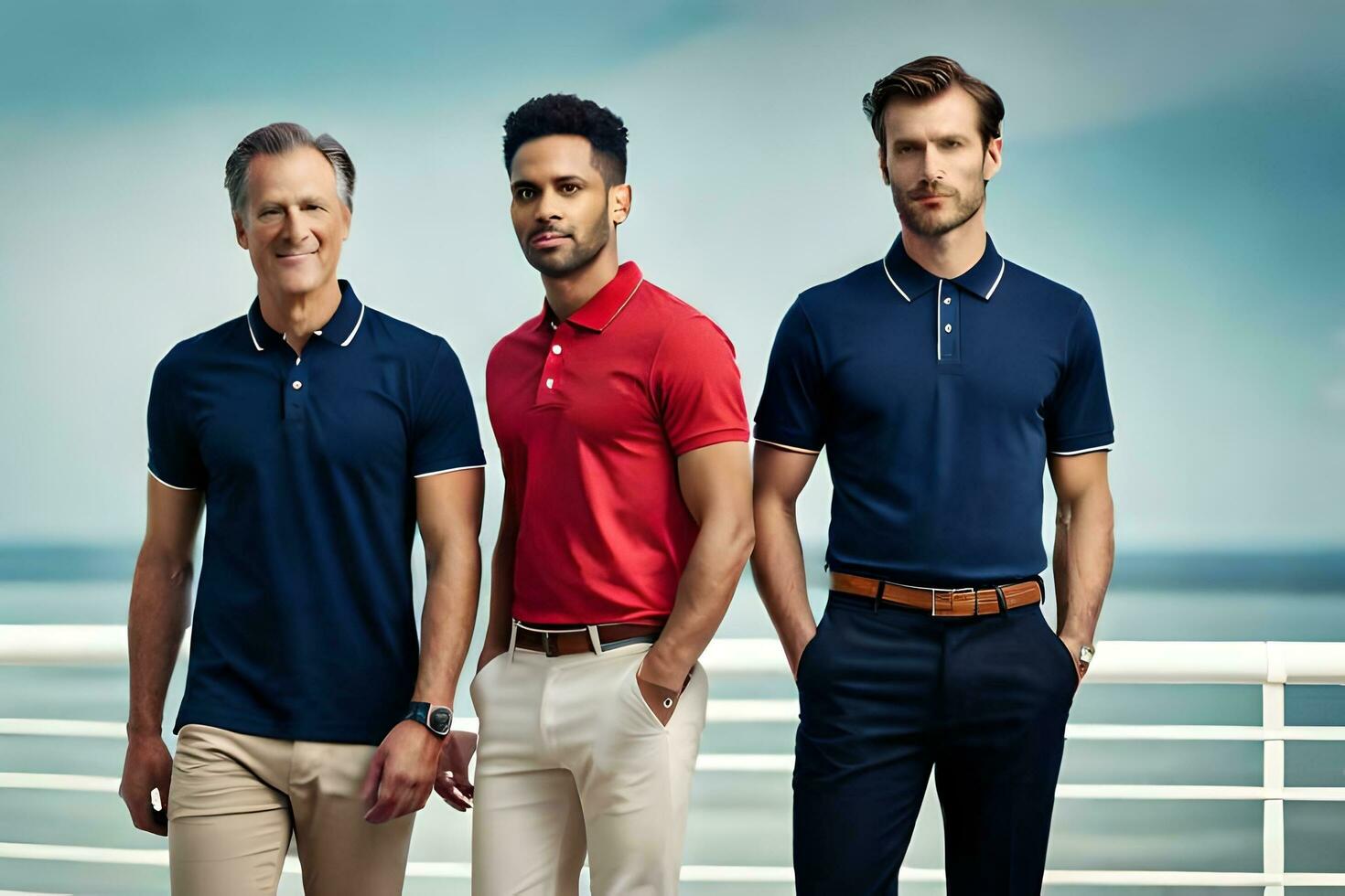 three men in polo shirts standing on a deck. AI-Generated photo