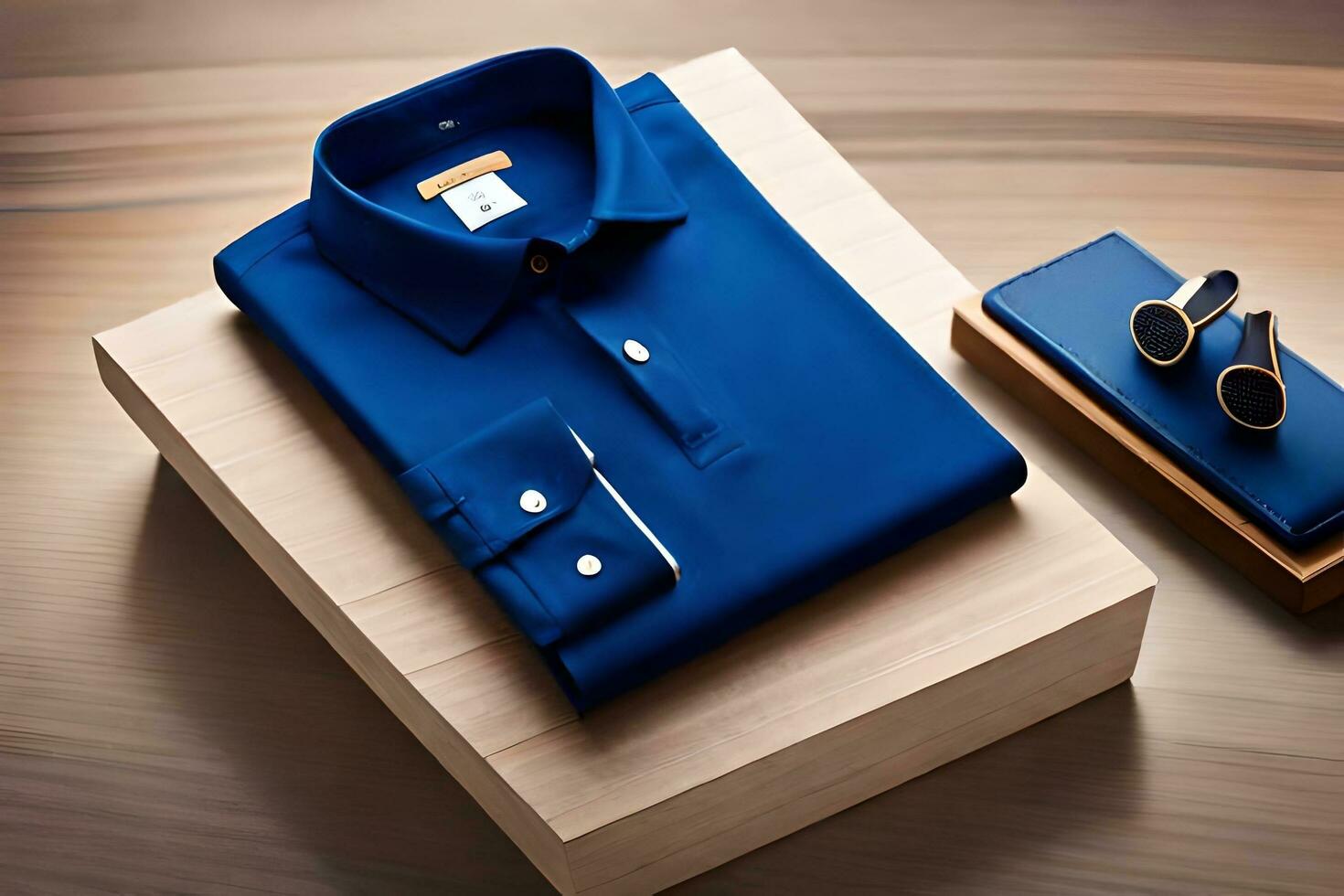 a blue shirt and a pair of sunglasses on a wooden box. AI-Generated photo