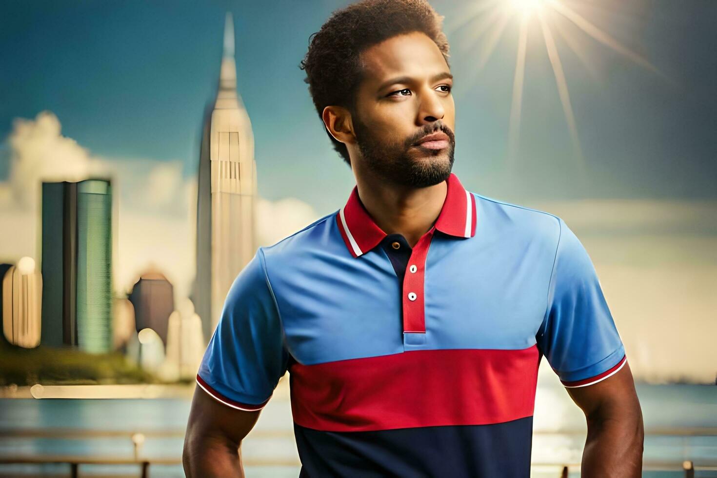 a man in a blue and red polo shirt standing in front of a city. AI-Generated photo