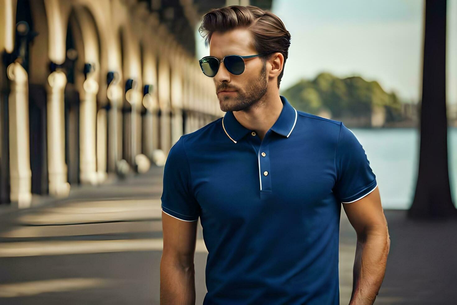 a man in sunglasses and a blue polo shirt. AI-Generated photo