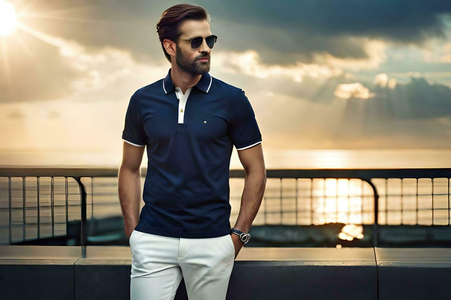 a man in sunglasses and a polo shirt standing on a balcony. AI-Generated photo