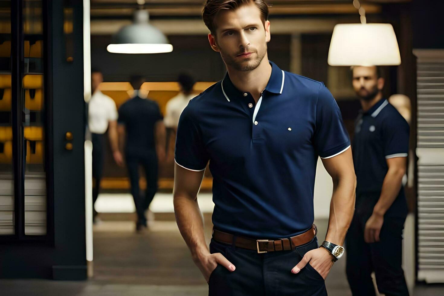 a man in a blue polo shirt standing in a room. AI-Generated photo
