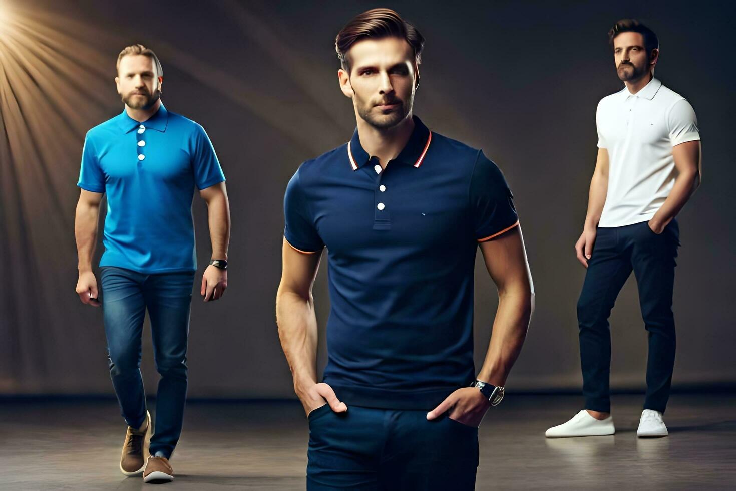 three men in blue, white and blue polo shirts. AI-Generated photo