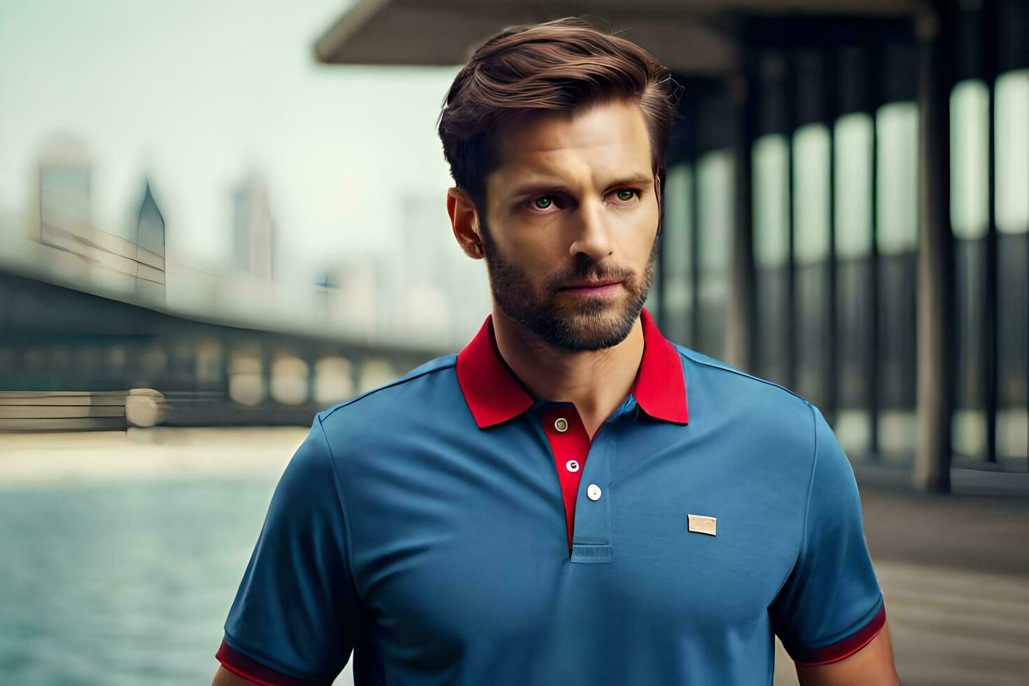 a man in a blue polo shirt and red collar. AI-Generated photo