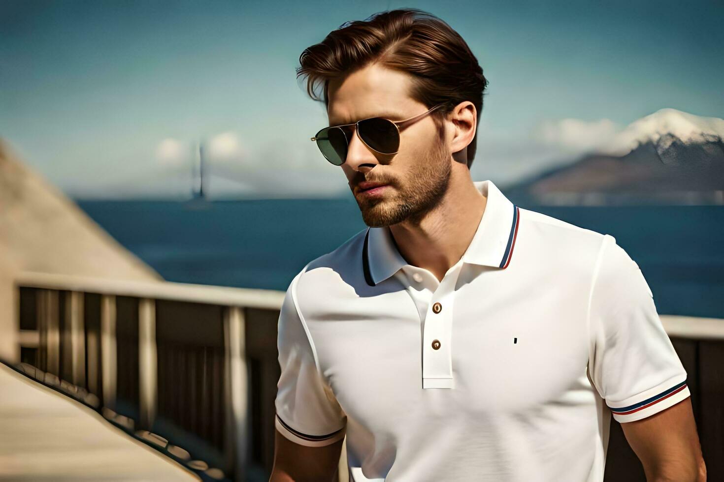 a man in sunglasses and a white polo shirt. AI-Generated photo
