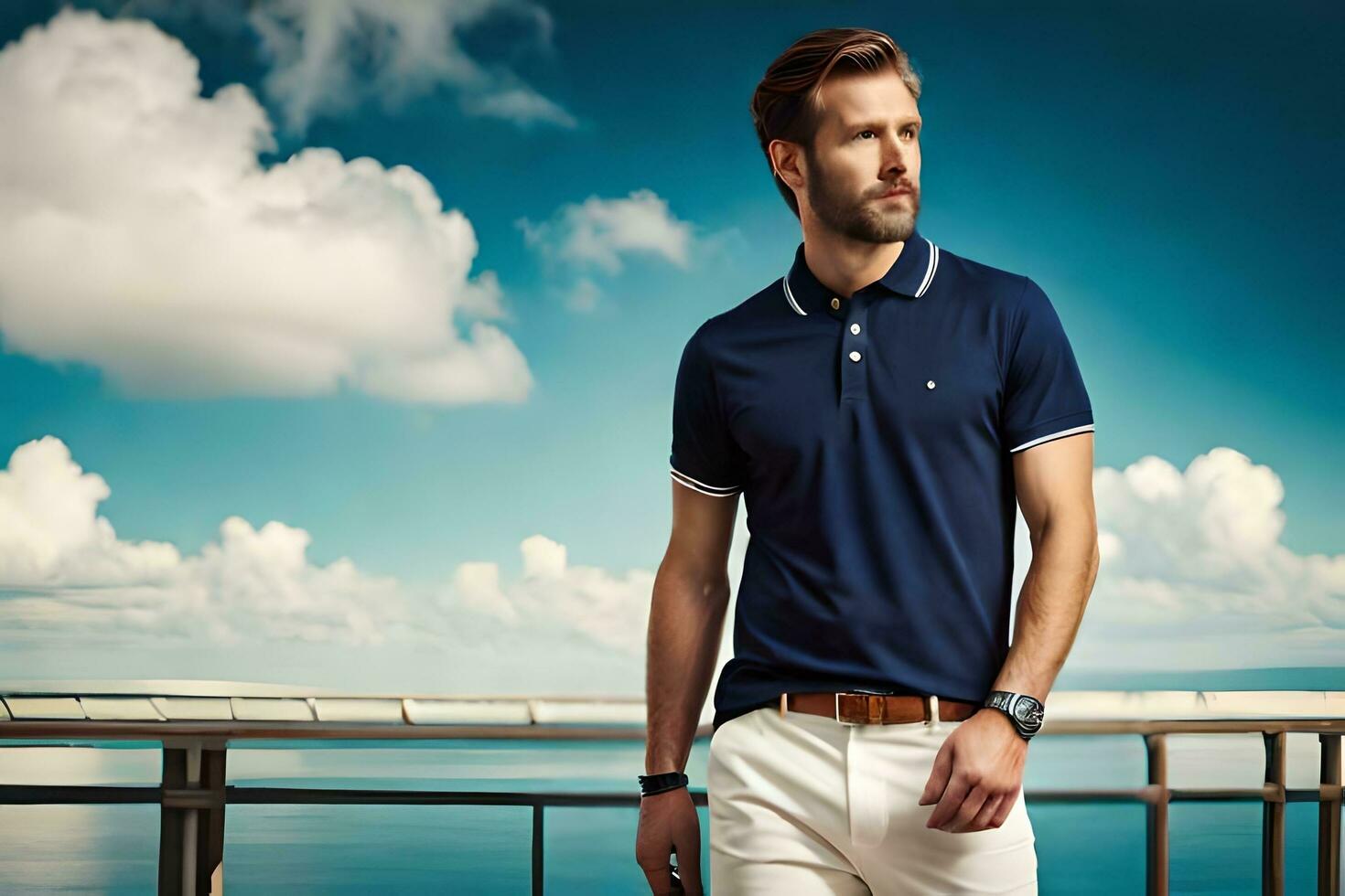 a man in a blue polo shirt and white pants. AI-Generated photo