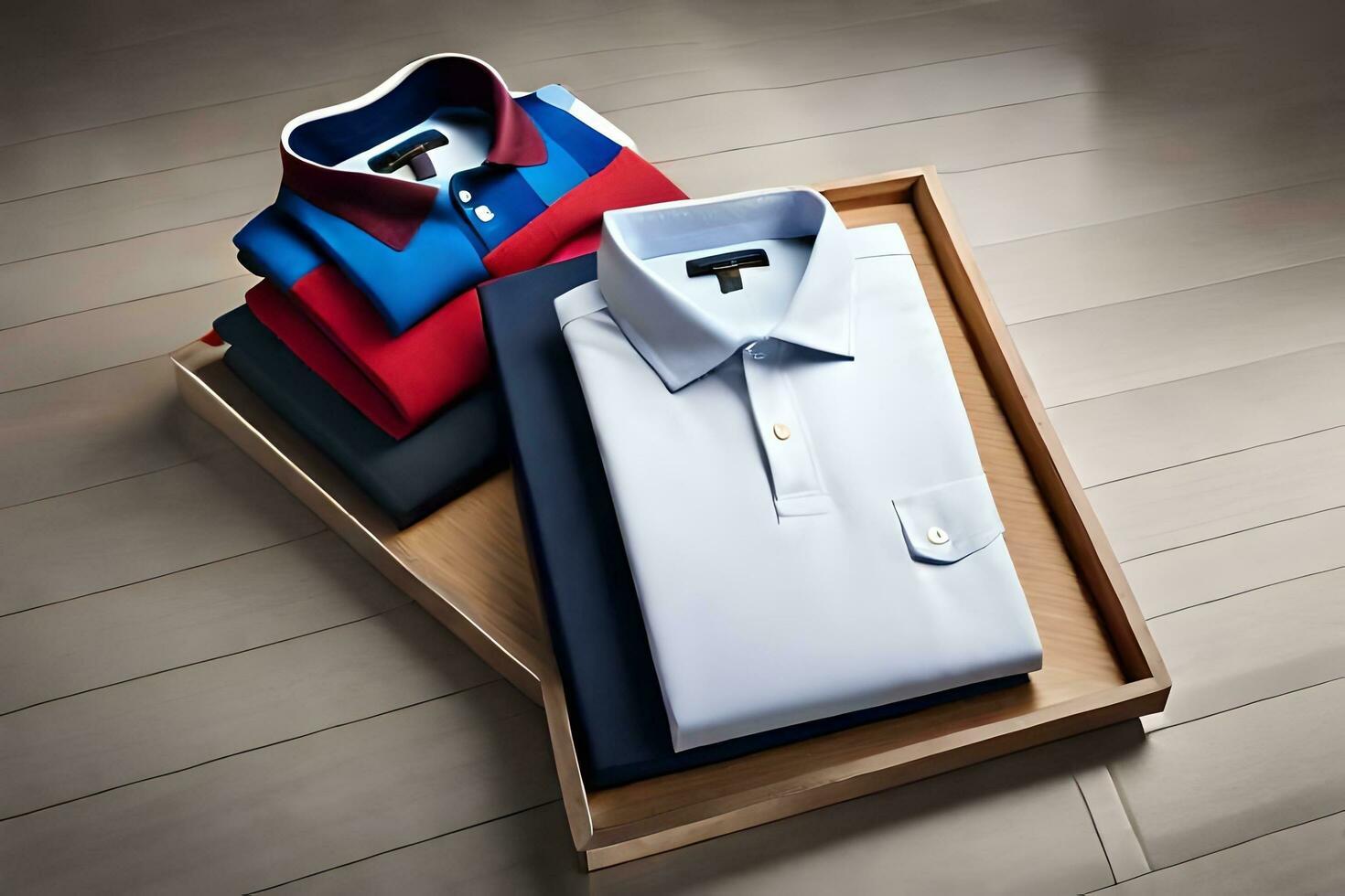 Tres camisas en un de madera bandeja con un rojo, blanco y azul camisa. generado por ai foto