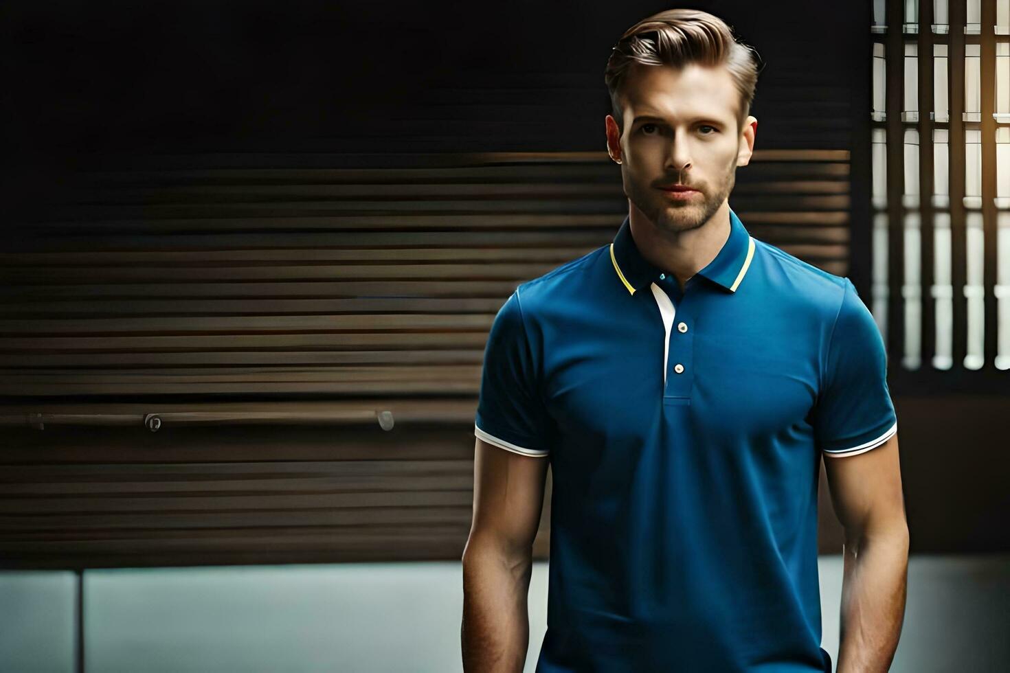 un hombre en un azul polo camisa en pie en frente de un ventana. generado por ai foto