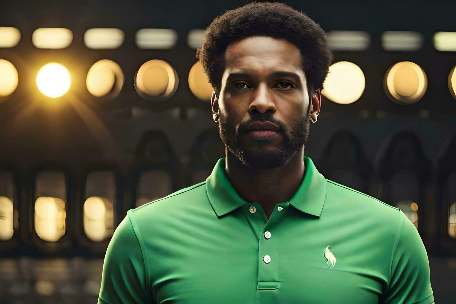 a man in a green polo shirt standing in front of a building. AI-Generated photo