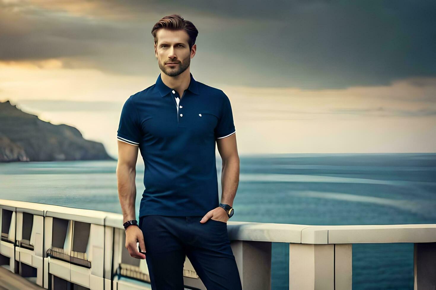 a man in a blue polo shirt standing on a bridge. AI-Generated photo