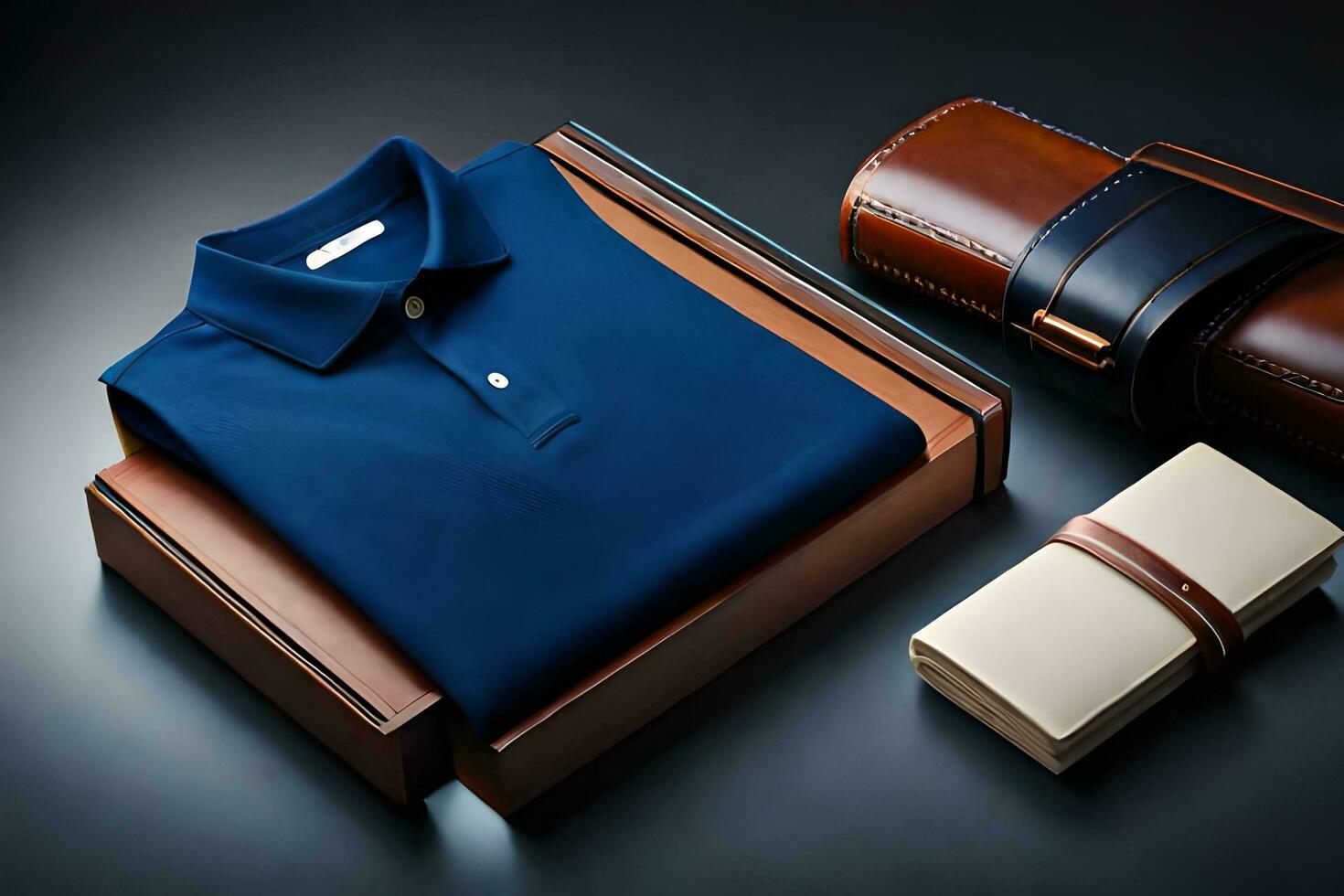 a blue polo shirt and a leather case. AI-Generated photo