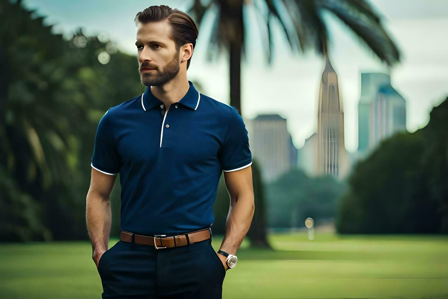 a man in a blue polo shirt and black pants. AI-Generated photo