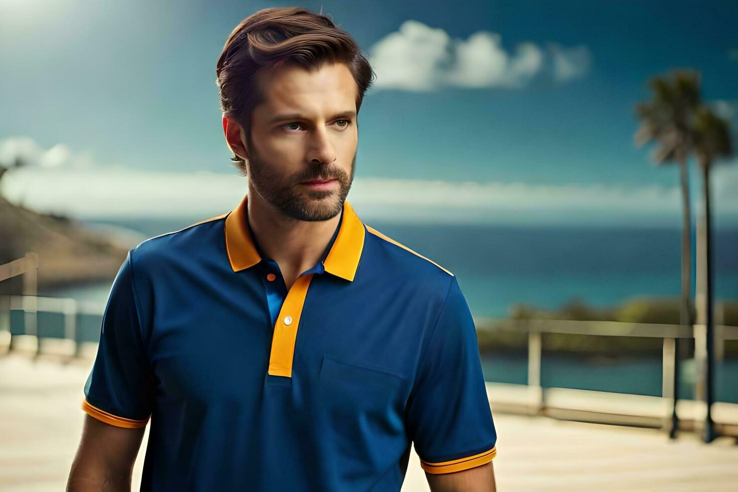 a man in blue and yellow polo shirt standing on a deck. AI-Generated photo