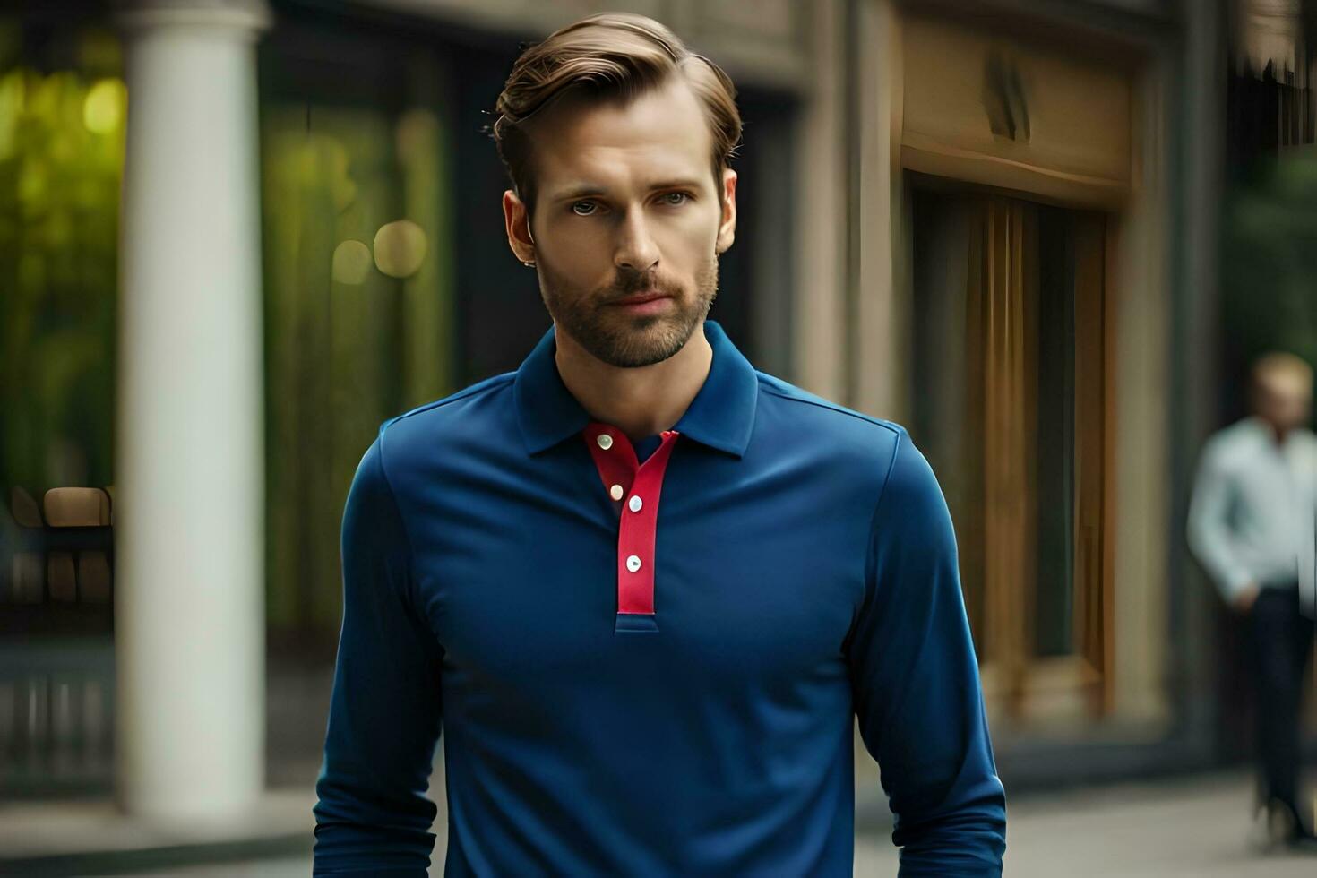 un hombre en un azul polo camisa y rojo atar. generado por ai foto