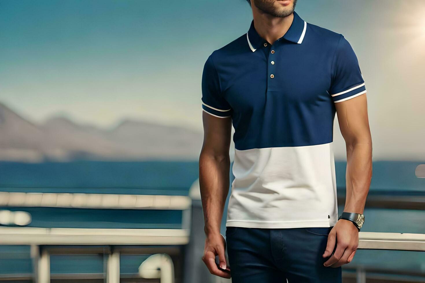 a man in a blue and white polo shirt. AI-Generated photo