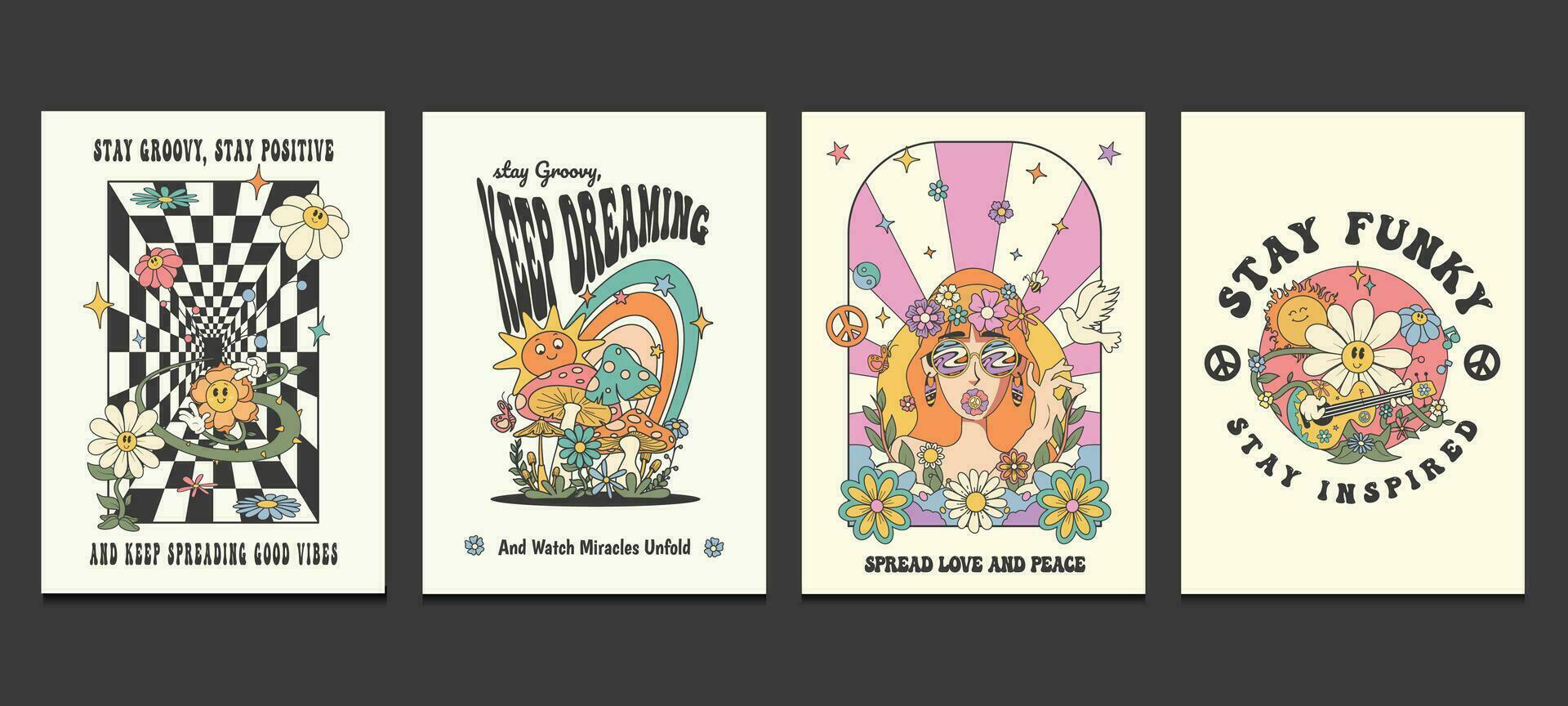 maravilloso hippie 70s carteles con psicodélico caricaturas, vector ilustración