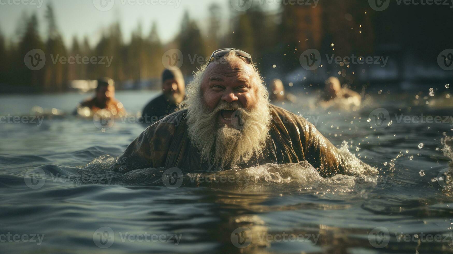 Portrait of an old overweight man with a long beard with group of friends swim in cold winter water. photo