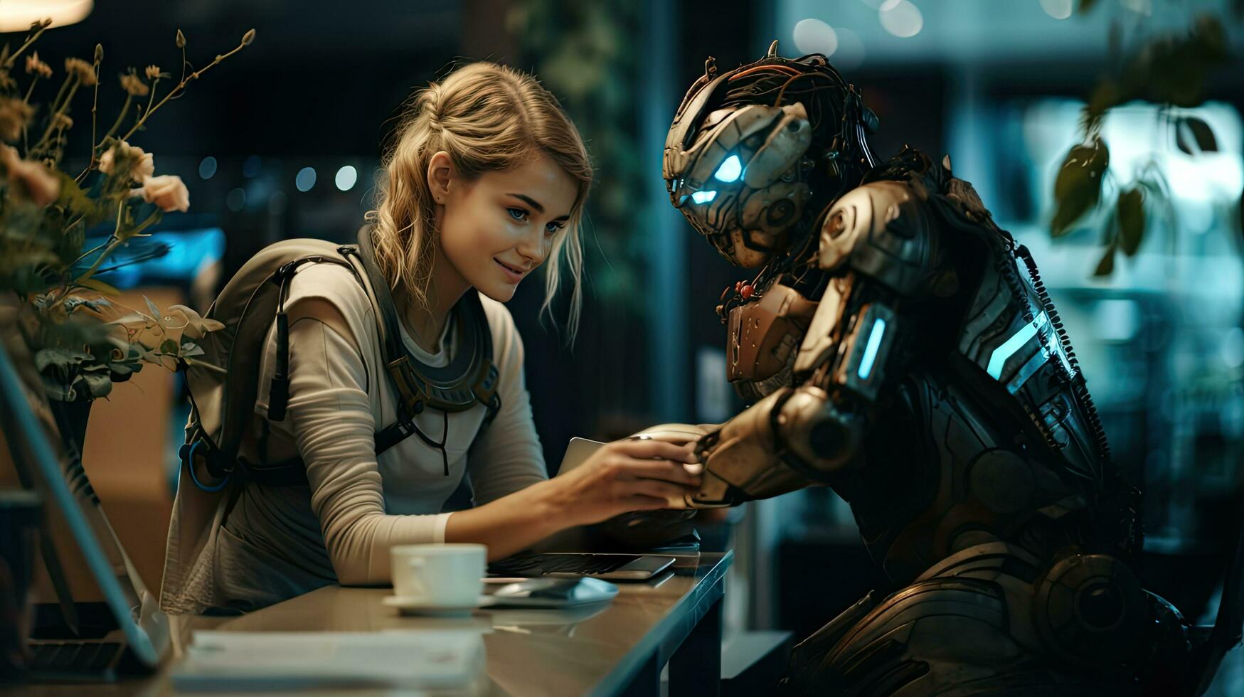 Beautiful young woman sitting at the table and working with a robot. Innovative techno. photo