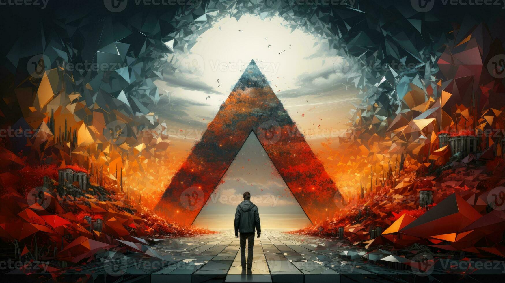 Illustration of man walking to triangle gate, surreal concept. photo