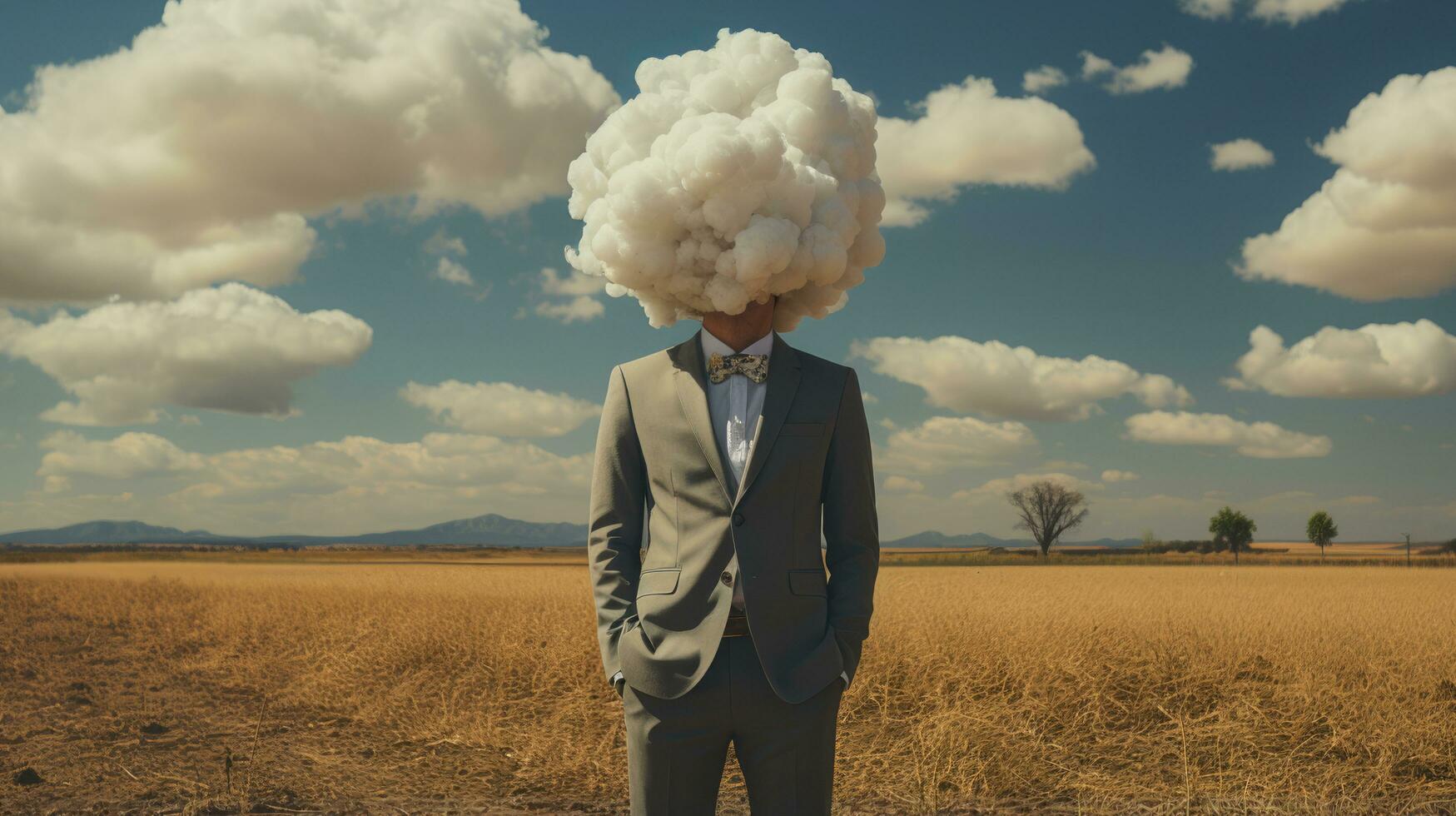 hombre en retro traje con nube en lugar cabeza estar en campo. foto